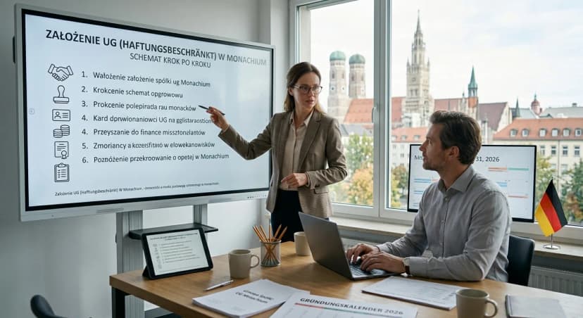 Profesjonalista w biurze przegląda dokumenty związane z rejestracją firmy w Monachium.