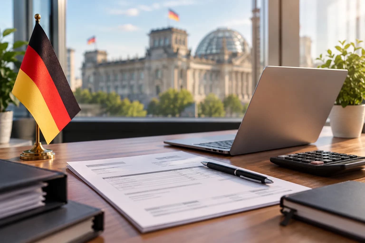 Dokumenty i laptop przy przygotowaniu faktury dla niemieckiego kontrahenta
